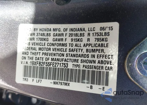 2015 Honda Civic Lx из США, поврежденный, VIN 19XFB2F55FE271753